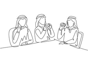 Single one line drawing young Arabian men together. Friends eating fast food meal in restaurant. People sitting and having dinner hamburgers. Continuous line draw design graphic vector illustration