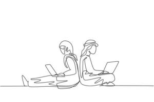 Single continuous line drawing Arabian couple with laptop sitting and lean on each other. Freelance, distance learning, online courses, and studying. One line draw graphic design vector illustration