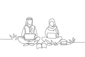 Single one line drawing Arabian couple with laptop sitting at the park together. Freelance, distance learning, online courses, studying concept. Continuous line draw design graphic vector illustration