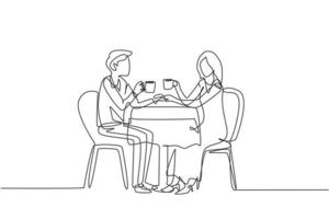 dibujo de línea continua única pareja joven cara a cara con una cena romántica, ambos sosteniendo tazas. celebrando el aniversario de bodas en el restaurante. Ilustración de vector de diseño gráfico de dibujo de una línea