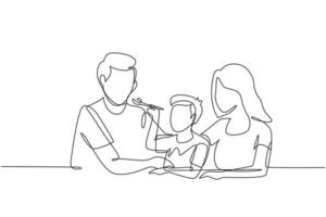 dibujo continuo de una línea joven familia divirtiéndose juntos en un restaurante moderno. niño alimenta a su padre con amor. pequeño concepto de familia feliz. Ilustración gráfica de vector de diseño de dibujo de una sola línea