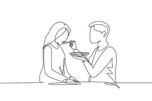 Continuous one line drawing romantic male feeds his wife. Happy young couple having dinner together at restaurant. Celebrate wedding anniversaries. Single line draw design vector graphic illustration
