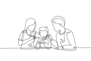 Single one line drawing young family having fun together in restaurant. Parents feeds they boy with love. Happy little family concept. Modern continuous line draw design graphic vector illustration