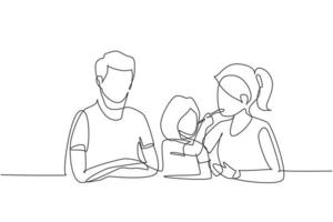 Single continuous line drawing young family having fun together in modern restaurant. Daughter feeds her mother with love. Happy little family concept. One line draw graphic design vector illustration