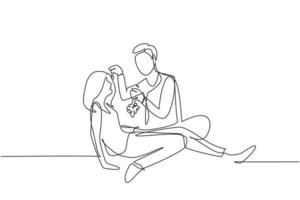 Continuous one line drawing romantic couple having picnic in summer park. Relaxing together sitting on the ground and men feeding grapes to women. Single line draw design vector graphic illustration