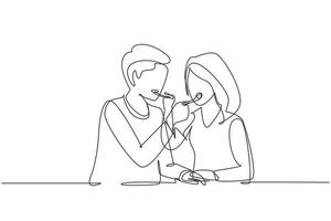 Single continuous line drawing romantic couple feeding each other. Having fun dinner together at luxury restaurant. Celebrate wedding anniversaries. One line draw graphic design vector illustration