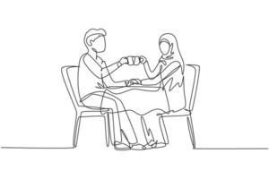 Continuous one line drawing young Arabian couple having romantic dinner, both holding cups. celebrating wedding anniversary at luxury restaurant. Single line draw design vector graphic illustration