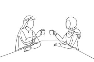 Single continuous line drawing young Arabian couple holding a cup of hot coffee, preparing toast to celebrate success of office work project. Dynamic one line draw graphic design vector illustration