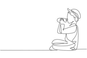 Single one line drawing Arabian boy sitting while enjoying a bottle of fresh milk to fulfill his body nutrition. Child health and growth. Modern continuous line draw design graphic vector illustration