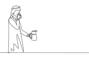 Single one line drawing Arabic man drinking holding glass in right hand and jug in left hand to quench thirst after activity. Enjoy life. Modern continuous line draw design graphic vector illustration