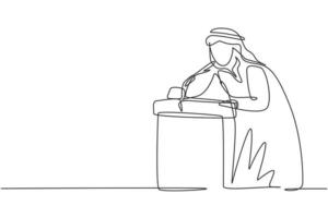 Continuous one line drawing Arabian man who is thirsty drinking at ready-to-drink taps that are widely available in public spaces. Refresh moment. Single line draw design vector graphic illustration