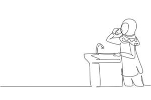 Single one line drawing Arabian girl drinking water from ready-to-drink faucet. Thirst and dehydration due to heat during the day. Fresh moment. Continuous line draw design graphic vector illustration