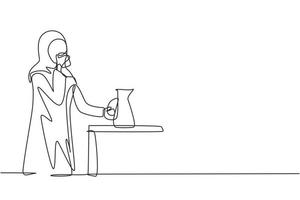 Single continuous line drawing young Arab woman standing and drinking water in glass from jug. Take a break while cleaning house. Happy person. Dynamic one line draw graphic design vector illustration