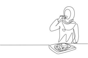 Continuous one line drawing young Arabian woman having spaghetti meal with fork. Happy and enjoy lunch at restaurant. Delicious and healthy food. Single line draw design vector graphic illustration