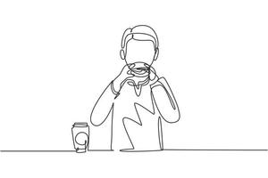 Single continuous line drawing Arabian boy having hamburger meal with hands around table. Enjoy and happy lunch when hungry. Delicious fast food. One line draw graphic design vector illustration