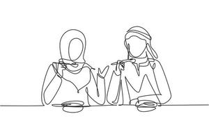 Single continuous line drawing young Arab couple having salad meal around table. Happy male female sitting eating lunch together in restaurant. Dynamic one line draw graphic design vector illustration