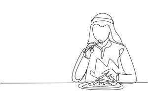 dibujo de una línea continua joven árabe comiendo filetes con tenedor y cuchillo alrededor de la mesa. disfrutar del almuerzo en el restaurante. deliciosa comida sabrosa. Ilustración gráfica de vector de diseño de dibujo de una sola línea