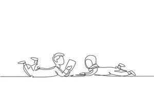 Single one line drawing two Arabian kids boy and girl reading, learning and laying down on the floor. Study at home. Smart students, education. Continuous line draw design graphic vector illustration