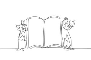 Continuous one line drawing Arab students woman and man reading, learning and standing beside open huge book. Literature lovers, education concept. Single line draw design vector graphic illustration