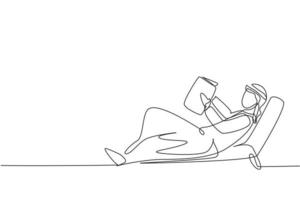 Single continuous line drawing young Arab man reading, learning and laying down on recliner sofa. Literature fans or lovers. Education concept. Dynamic one line draw graphic design vector illustration