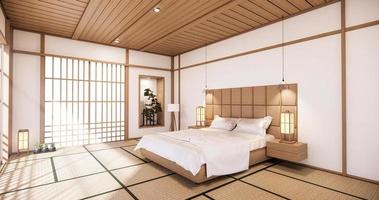 Diseño japonés de la habitación de la cama blanca en el interior de la habitación tropical y el suelo de la estera de tatami. Representación 3d foto