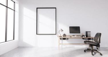 The interior Computer and office tools on mini desk in white concrete floor and white brick wall design. 3D rendering photo