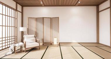 Sillón de madera y tabique japonés en la habitación interior tropical con piso de tatami y pared blanca. Representación 3D