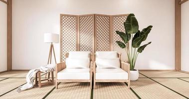 Wooden Arm chair and partition japanese on room tropical interior with tatami mat floor and white wall.3D rendering photo