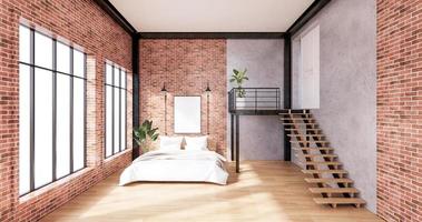 Bedroom interior loft style with Computer and office tool on desk. 3D rendering photo