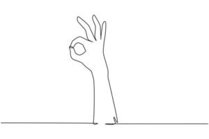 Single one line drawing hand showing okay or perfect gesture. Number three hand count. Learn to count numbers. Nonverbal signs or symbols. Continuous line draw design graphic vector illustration