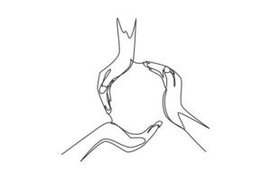 Continuous one line drawing circle made of hands. Symbol of protection, cooperation, care. Communication with hand gestures. Nonverbal signs. Single line draw design vector graphic illustration