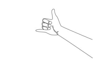 Single continuous line drawing shaka sign gesture. Hawaiian hand sign or symbol. Communication with hand gestures. Nonverbal signs or symbols. Dynamic one line draw graphic design vector illustration