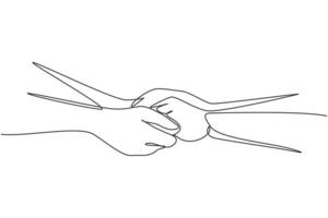 Single one line drawing two hands holding each other. Sign or symbol of love, relationship, couple, marriage. Communication with hand gestures. Continuous line draw design graphic vector illustration