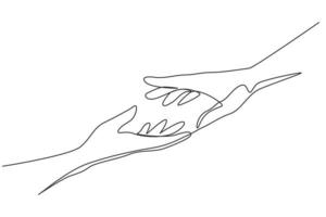 Continuous one line drawing two hands reaching for each other. Sign or symbol of love, hope, caring, helping. Communication with hand gestures Single line draw design vector graphic illustration