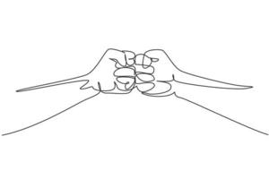 Continuous one line drawing two hands make fist bump. Sign or symbol of power, hitting, attack, force. Communication with hand gestures. Nonverbal signs. Single line design vector graphic illustration