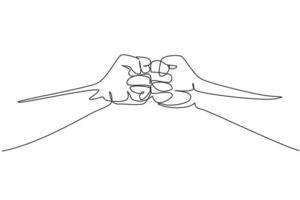 Continuous one line drawing two hands make fist bump. Sign or symbol of power, hitting, attack, force. Communication with hand gestures. Nonverbal signs. Single line design vector graphic illustration