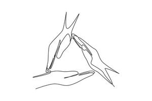 Single continuous line drawing three palm hands make triangle frame shape. Symbol of safety. Communication with hand gestures. Nonverbal signs. Dynamic one line draw graphic design vector illustration