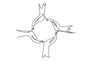 Single one line drawing circle made of hands. Symbol of protection, cooperation, care. Communication with hand gestures. Nonverbal signs. Continuous line draw design graphic vector illustration