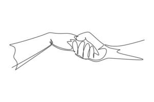 Single one line drawing man and woman holding their hands. Sign or symbol of love, caring, friendship. Communication with hand gestures. Modern continuous line draw design graphic vector illustration