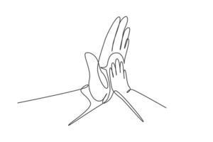 Single continuous line drawing father and child making hi-five gesture. Little baby have bonding with his father. Hero father and family pride. Dynamic one line draw graphic design vector illustration