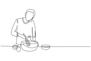 Un solo hombre de dibujo de línea continua habla por teléfono inteligente mientras prepara la cena mientras está de pie en la cocina y amasa la masa de la torta con una batidora manual. Ilustración de vector de diseño gráfico de dibujo de una línea