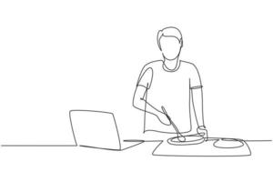 Single continuous line drawing man cooking dinner has video call conversation in kitchen. Male talking with friend using application on laptop. Dynamic one line draw graphic design vector illustration