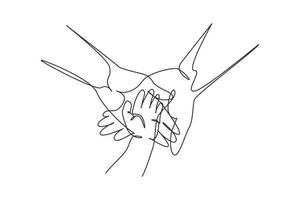 Single continuous line drawing baby hand. Closeup of baby hand into parents hands. Family concept. Tiny Newborn Baby's and parent hands. Dynamic one line draw graphic design vector illustration