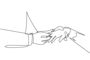 Single one line drawing groom puts ring on finger of bride. Bride and groom make vow of loyalty on their wedding day. Marriage ceremony celebration concept. Modern continuous line draw design graphic vector