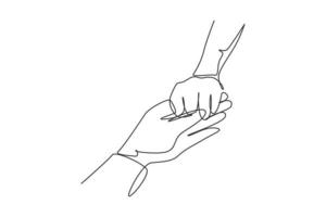 Single one line drawing close up couple hands man holding happy fiance hand after wedding proposal. Marriage celebration ceremony. Modern continuous line draw design graphic vector illustration