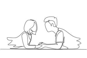 Continuous one line drawing side view of beautiful young couple holding hands, looking at each other and smiling while lying on floor at home. Single line draw design vector graphic illustration