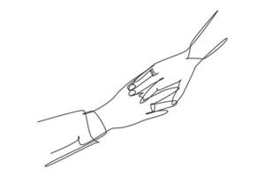 Single continuous line drawing hand of groom and bride with wedding rings. Bride and groom make vow of loyalty on their wedding day. Marriage ceremony. One line draw graphic design vector illustration