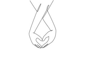Continuous one line drawing bride and groom holding hands making love shape. Bride and groom make vow of loyalty on their wedding day. Marriage concept. Single line design vector graphic illustration