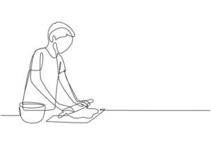 Single continuous line drawing young man making cookie dough using rolling pin at cozy kitchen table. Making bakery and homemade pizza at home. Dynamic one line draw graphic design vector illustration