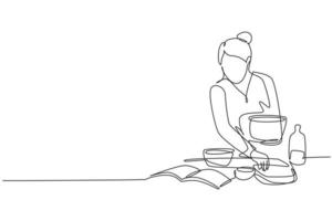 Single one line drawing beautiful woman cooking meal while reading tutorial book on cozy kitchen table at home. Healthy food lifestyle. Modern continuous line draw design graphic vector illustration